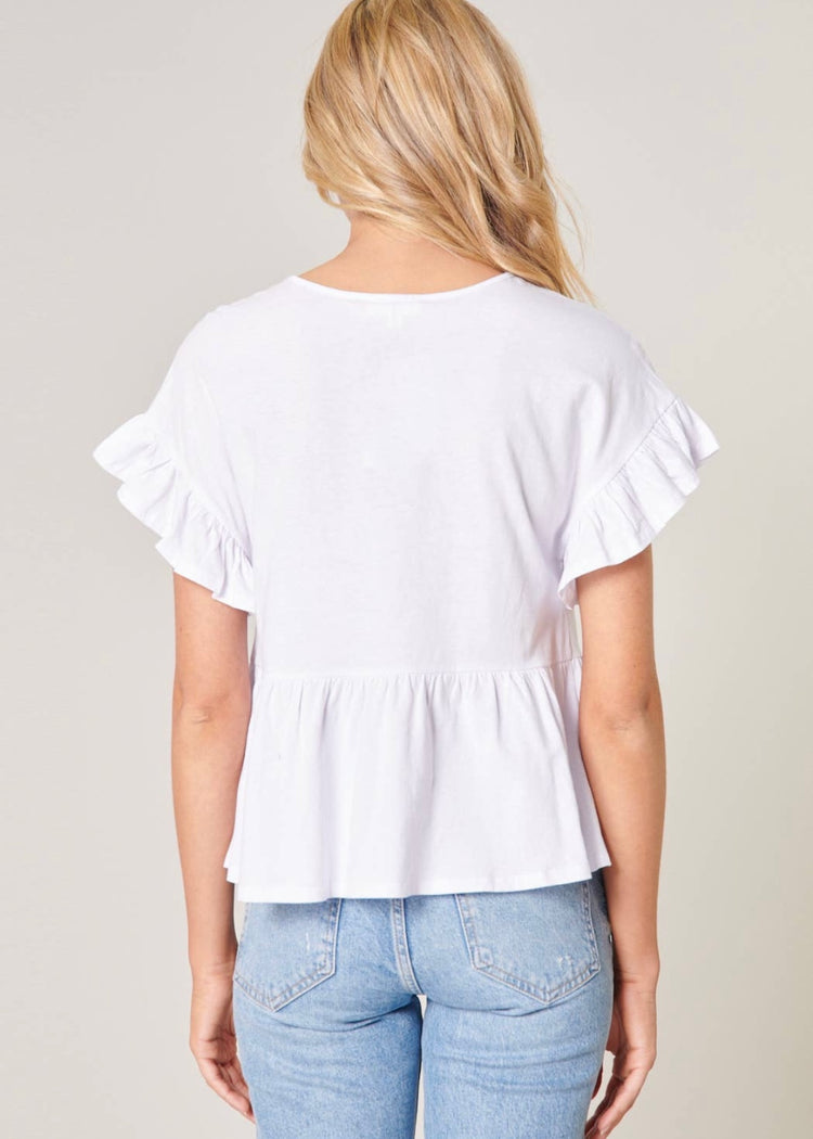 CAROLINE | white ruffle sleeve peplum cotton top