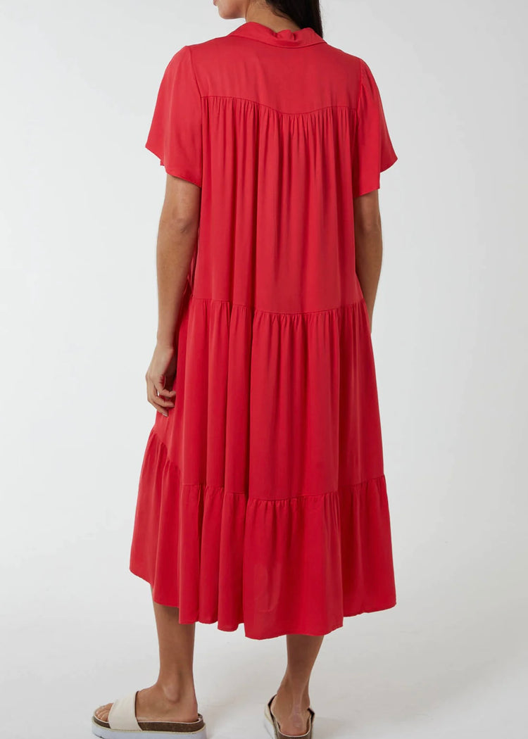FREYA | coral red drop waist tiered midi shirt dress