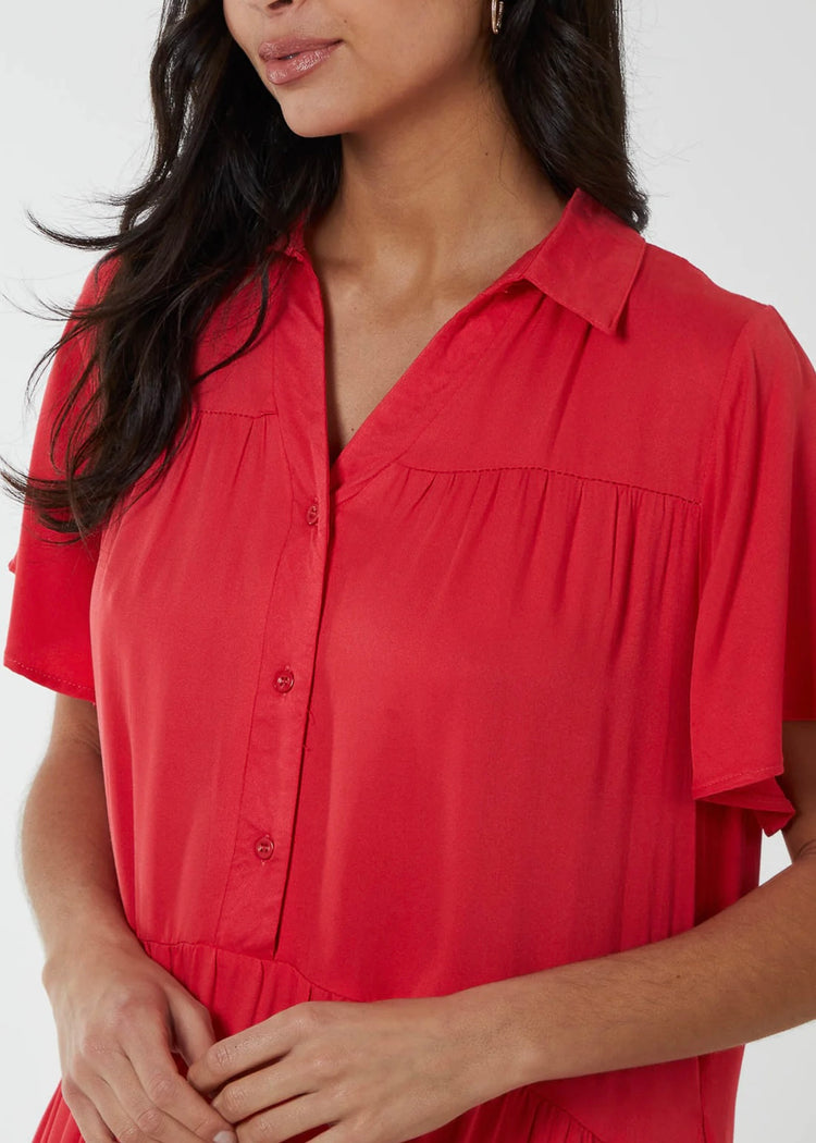 FREYA | coral red drop waist tiered midi shirt dress