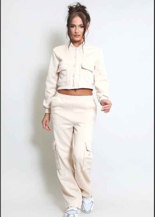 AMY | beige jersey jacket and cargo trousers set