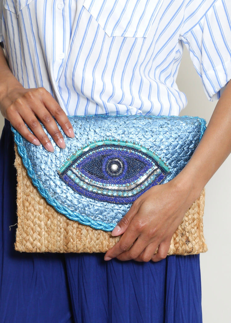 CARMEN | blue metallic eye woven clutch bag