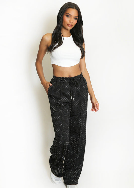 MILLIE | black pintuck rhinestone wide leg trousers