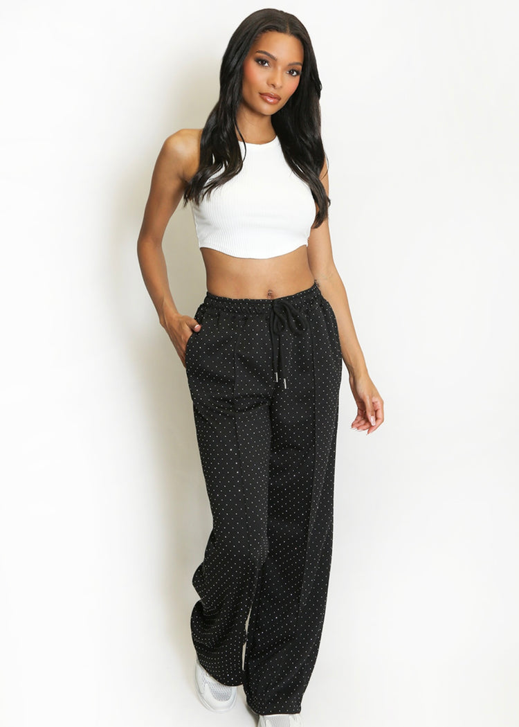 MILLIE | black pintuck rhinestone wide leg trousers