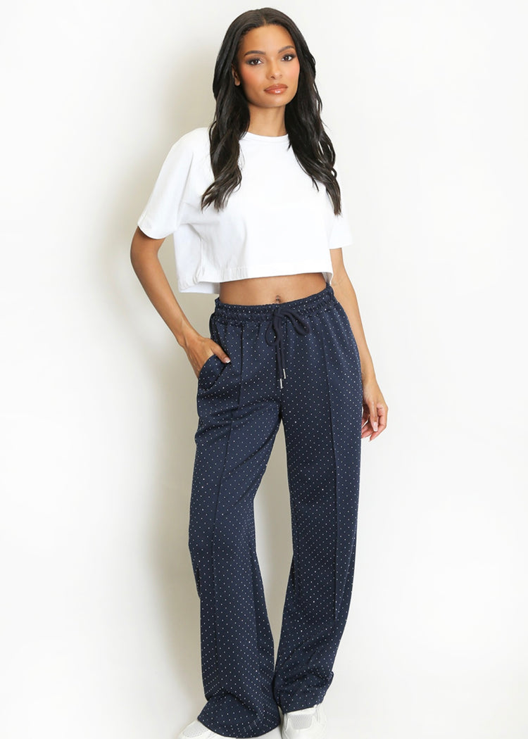 MILLIE | navy pintuck rhinestone wide leg trousers