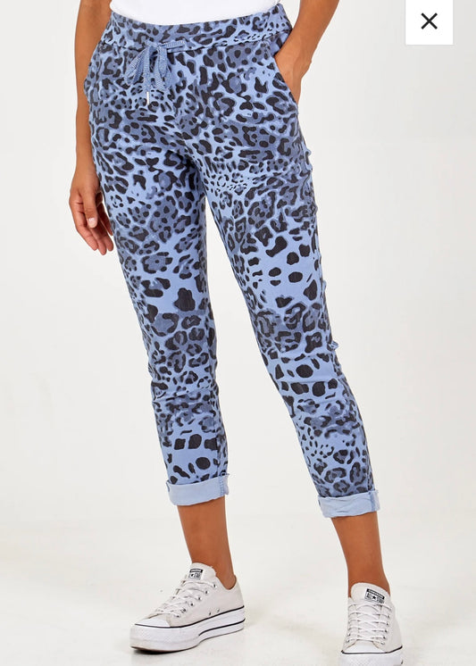 KACEY | blue leopard print magic stretch trousers