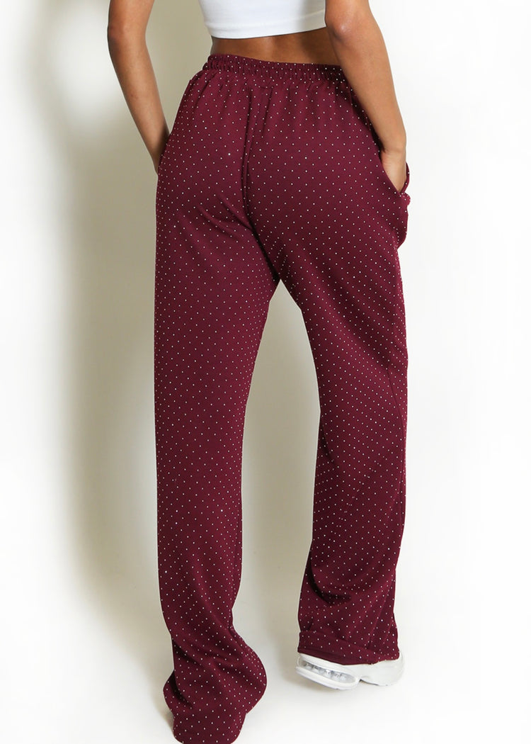 MILLIE | burgundy pintuck rhinestone wide leg trousers