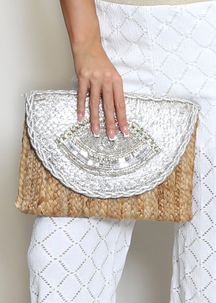 CARMEN | silver metallic eye woven clutch bag