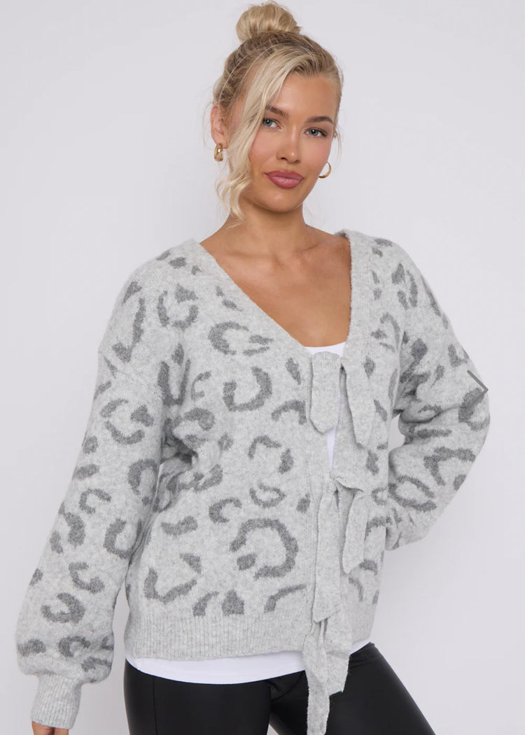 TANYA | grey leopard print tie detail jumper