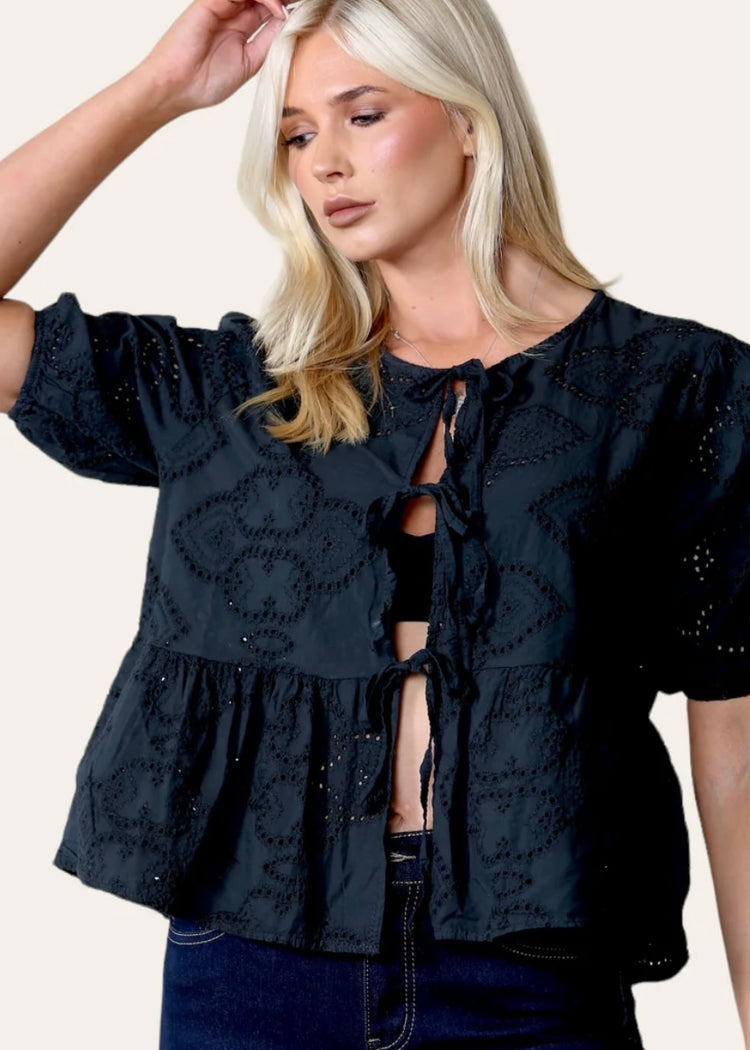 ANYA | black broderie anglaise blouse with tie detail
