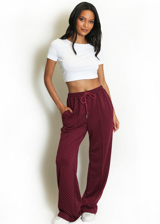 MILLIE | burgundy pintuck rhinestone wide leg trousers