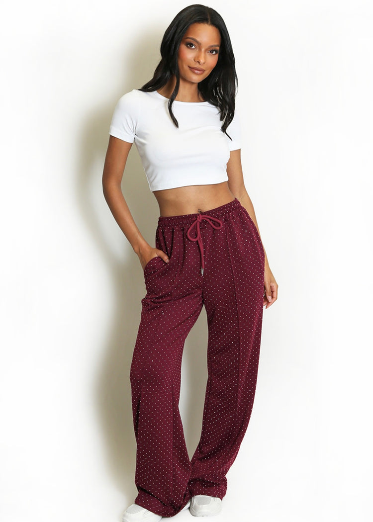 MILLIE | burgundy pintuck rhinestone wide leg trousers
