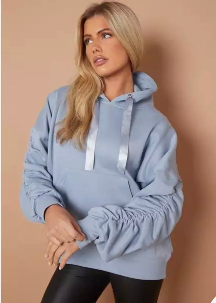 MIA | blue ruched sleeve hoodie