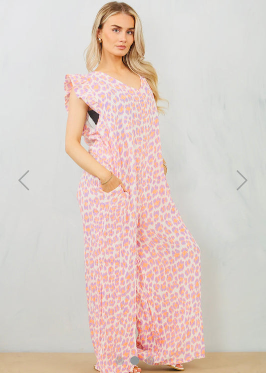 LANA | lilac and orange leopard print cheesecloth wide leg jumpsuit