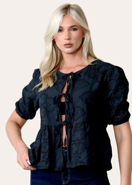 ANYA | black broderie anglaise blouse with tie detail