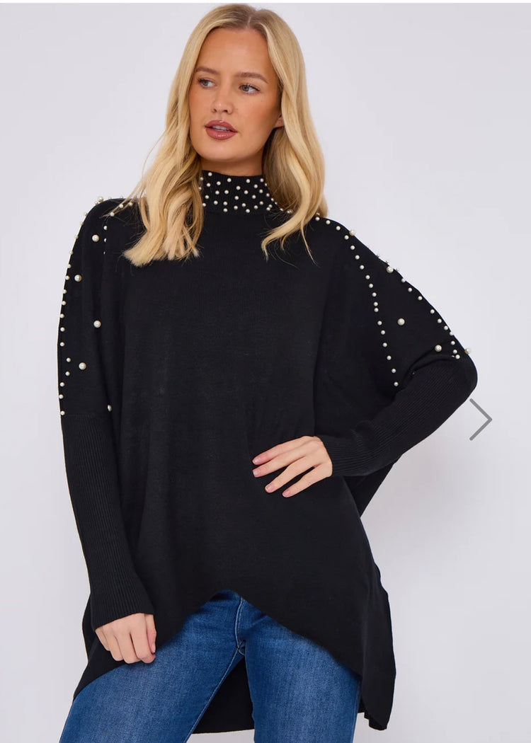 JOANIE | black pearl embellished high neck jumper