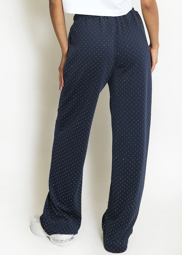 MILLIE | navy pintuck rhinestone wide leg trousers