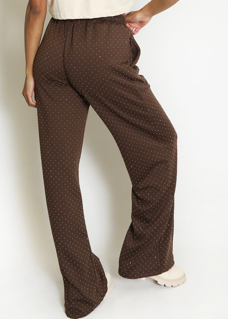 MILLIE | brown pintuck rhinestone wide leg trousers
