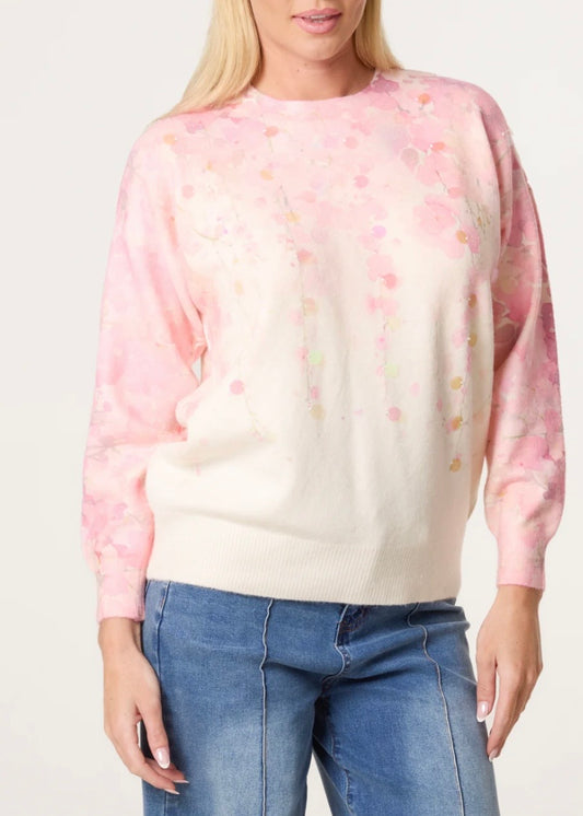 NOA | blossom embellished cream and pink knit jumper