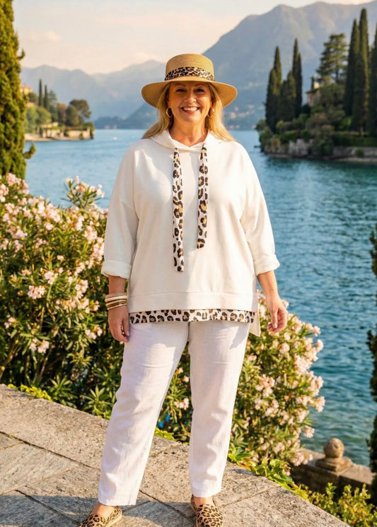 VICKY | white soft jersey leopard trim hoodie