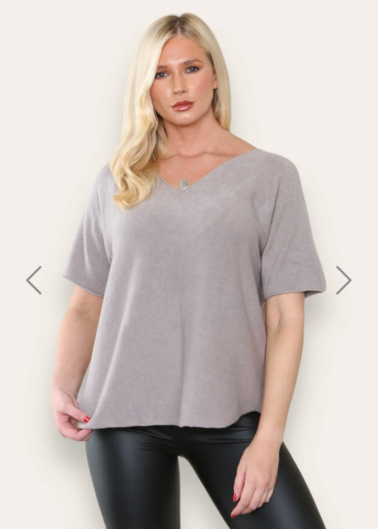 CLARA  |  mocha short sleeve v-neck jumper