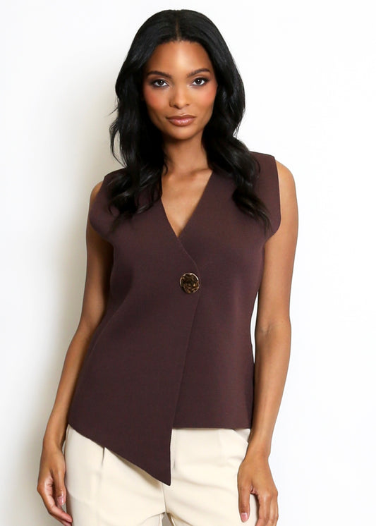 CAMILA |  brown fine knit one button asymmetric waistcoat