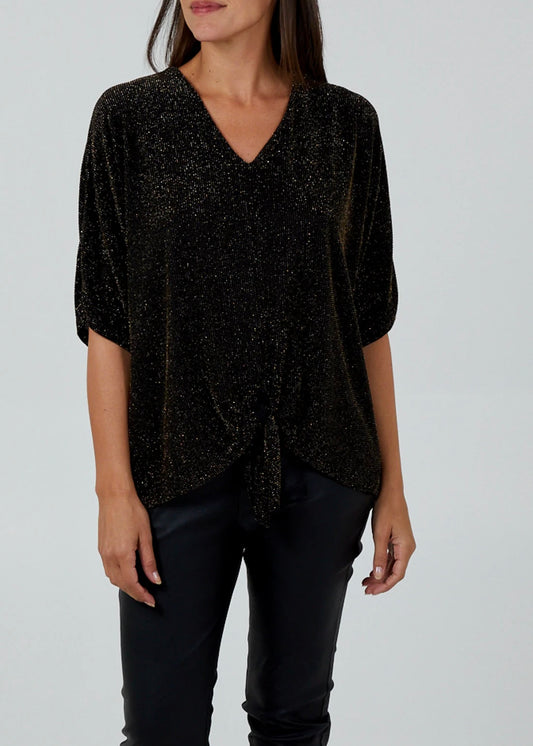 RUBY | gold glitter lurex blouse with tie detail