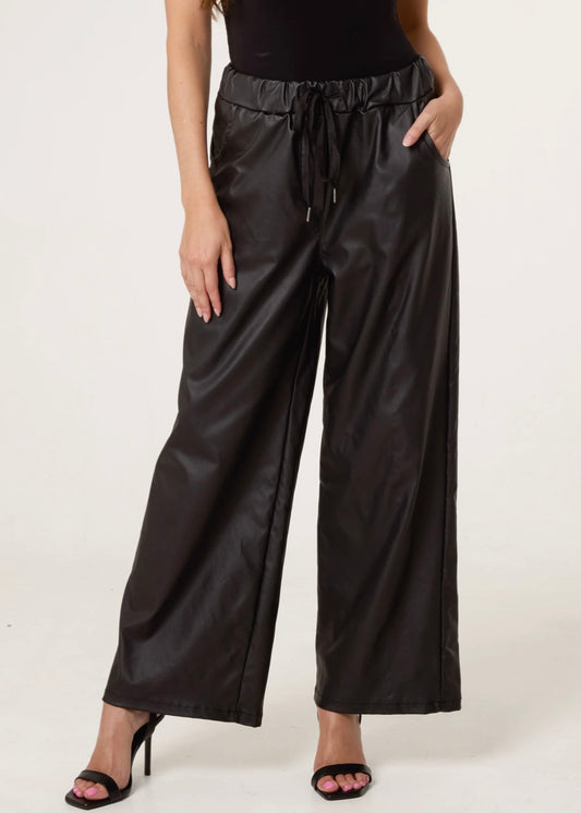 STEVIE | black PU wide leg magic stretch trousers