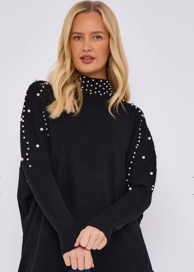 JOANIE | black pearl embellished high neck jumper