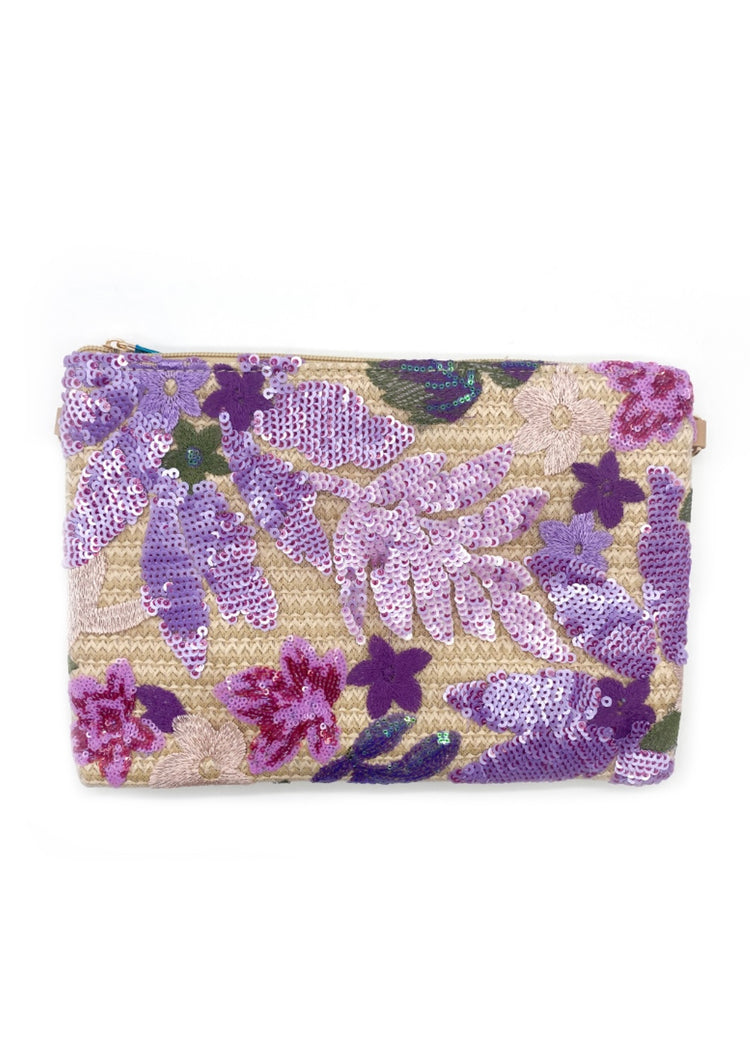 IRIS | lilac floral sequin jute clutch bag