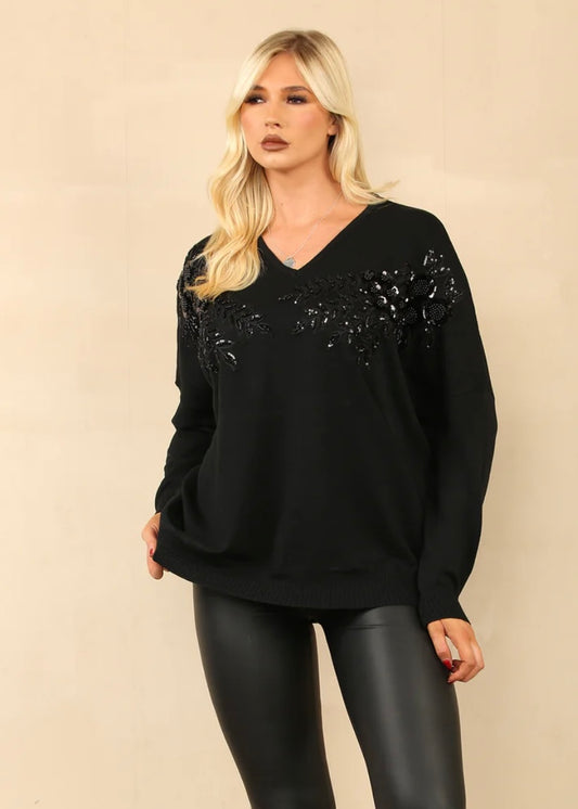 ALICE |  black sequin flower detail jumper