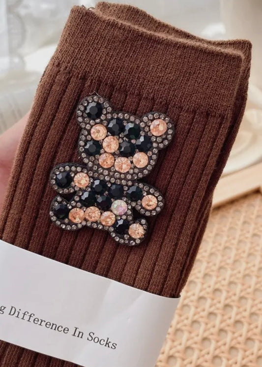 THEA| brown teddy bear embellished socks