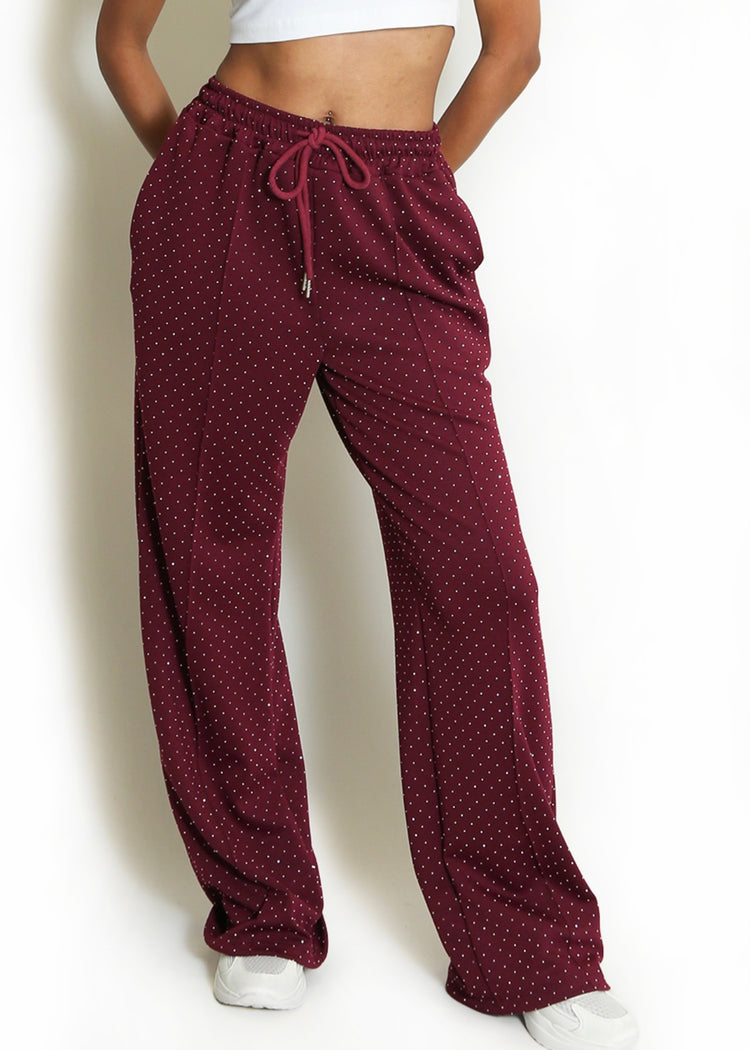 MILLIE | burgundy pintuck rhinestone wide leg trousers