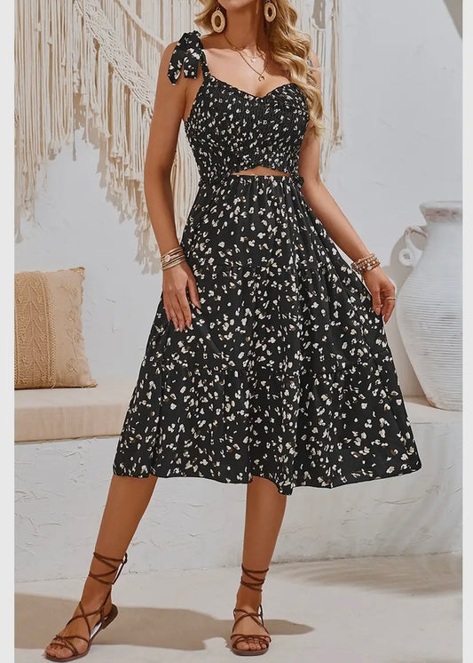 SIENA |  black leopard print midi dress with shirred crossover detail and elasticated waist