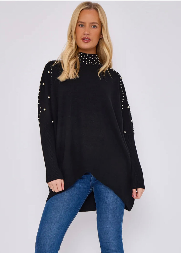 JOANIE | black pearl embellished high neck jumper