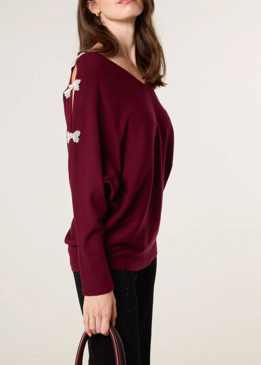 GRACE | burgundy pearl bow cut out sleeve jumper