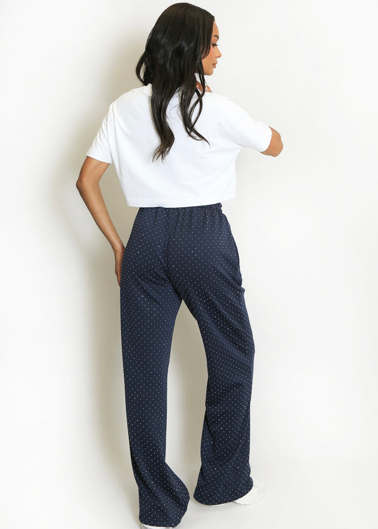 MILLIE | navy pintuck rhinestone wide leg trousers