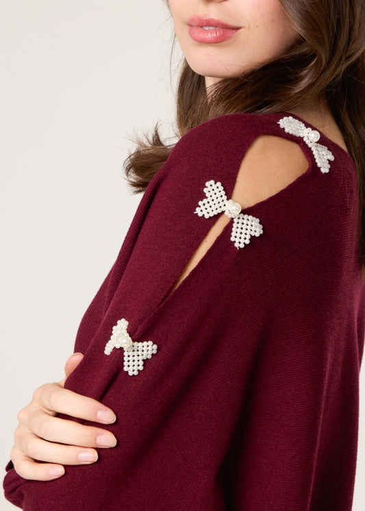 GRACE | burgundy pearl bow cut out sleeve jumper