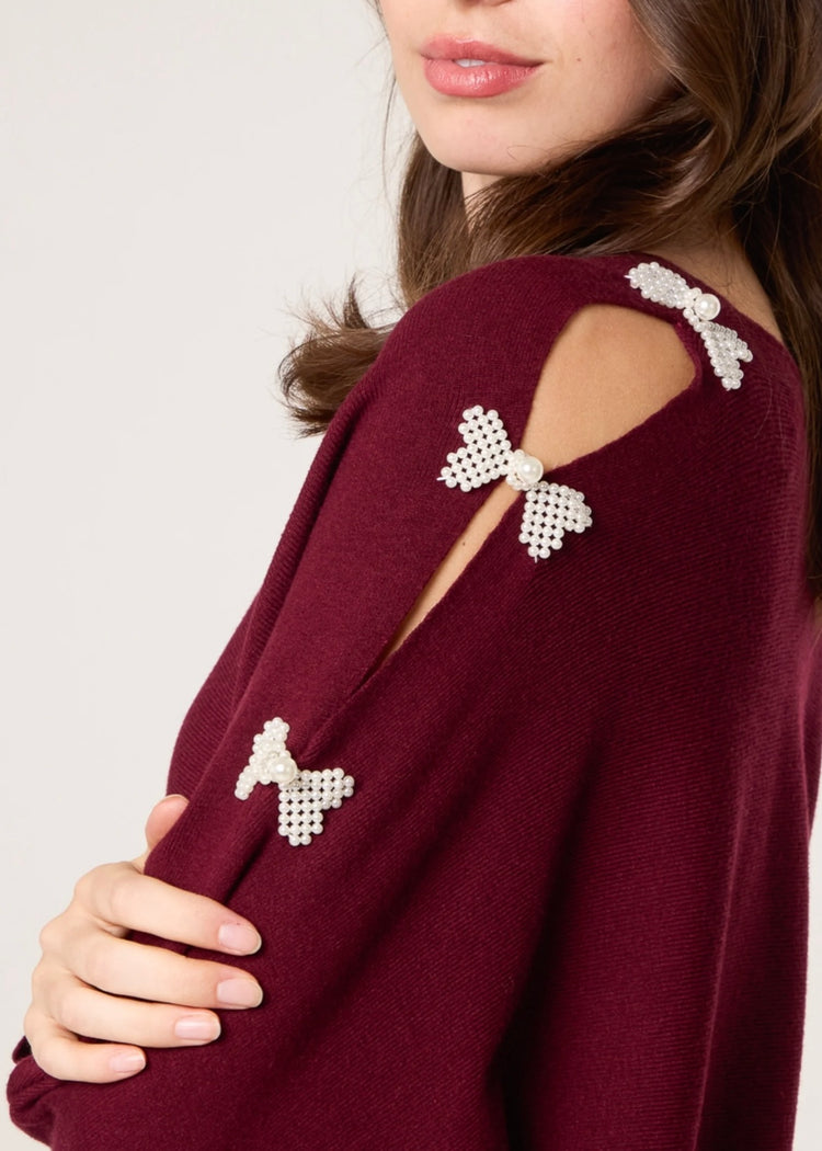 GRACE | burgundy pearl bow cut out sleeve jumper