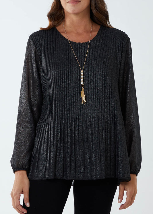 VIOLET | black metallic pleated smock blouse with necklace