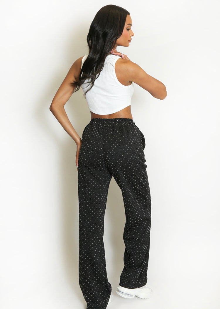 MILLIE | black pintuck rhinestone wide leg trousers