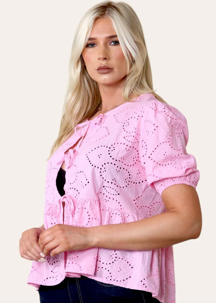 ANYA | pink broderie anglaise blouse with tie detail