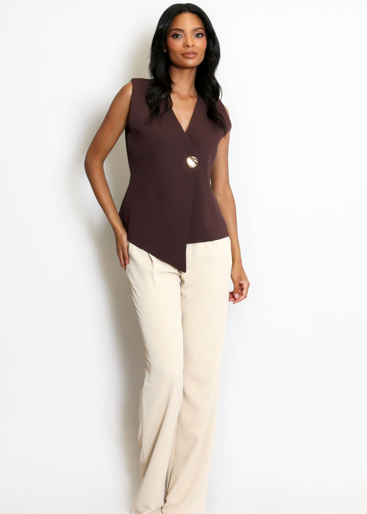 CAMILA |  brown fine knit one button asymmetric waistcoat