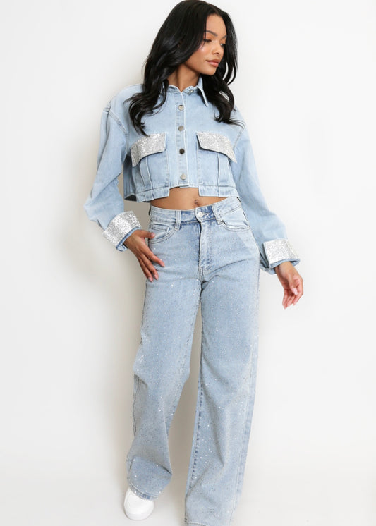 ELLIE | diamanté trim cropped denim jacket