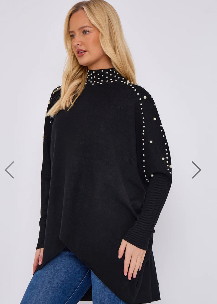 JOANIE | black pearl embellished high neck jumper