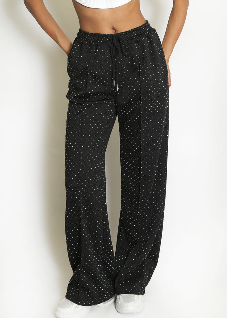 MILLIE | black pintuck rhinestone wide leg trousers