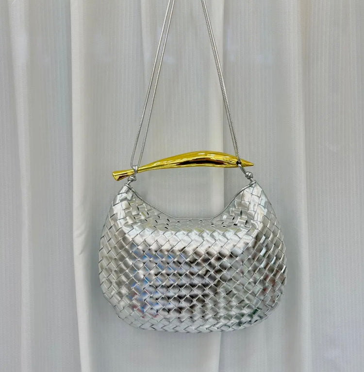 LOUISA | silver woven bag with gold metal handle