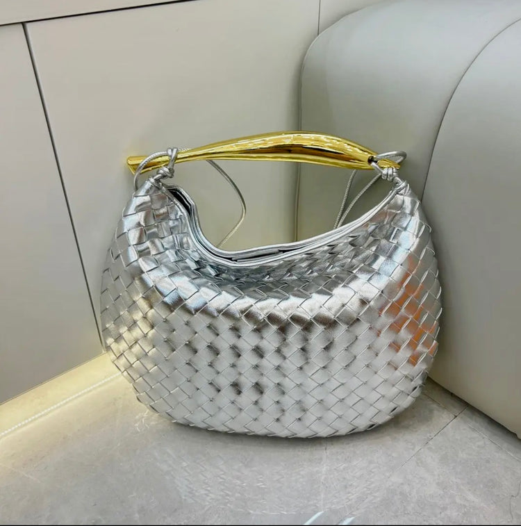 LOUISA | silver woven bag with gold metal handle