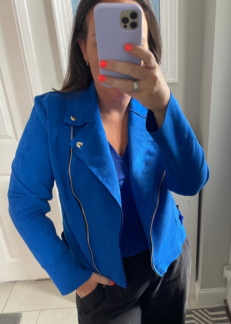 ELLA | royal blue faux suede biker jacket