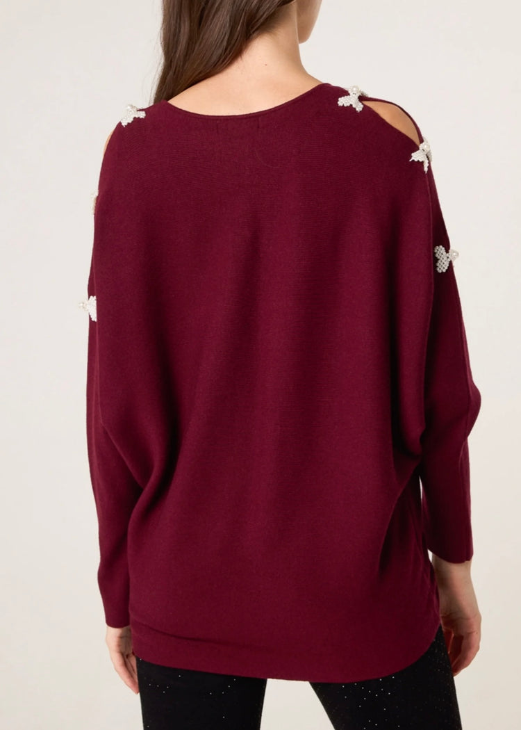 GRACE | burgundy pearl bow cut out sleeve jumper
