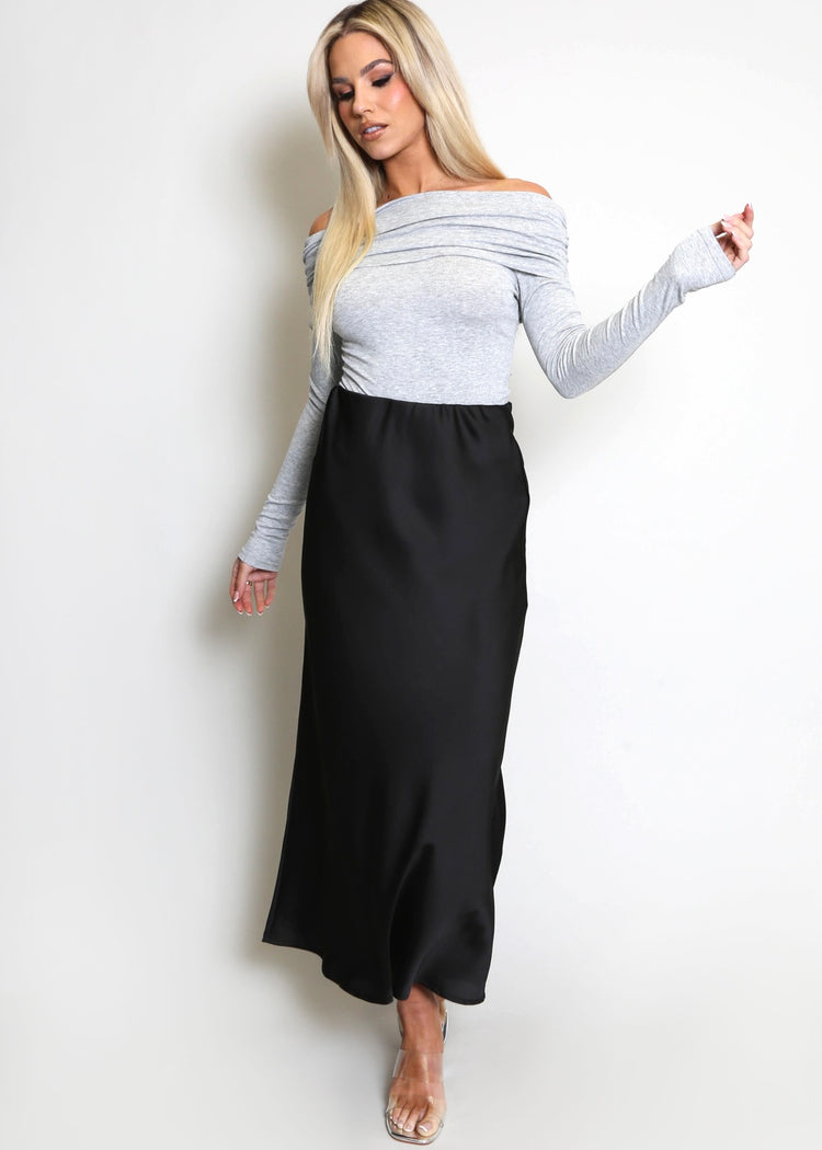 LAYLA | black satin A-line skirt
